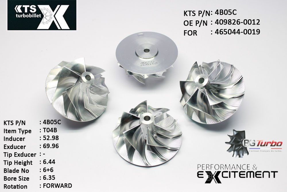 Turbo ROUE FORGÉE MFS PERFORMANCE - 6+6 PALES - INDUCER : 52,98 - EXDUCER : 69,96 - TYPE : T04BANGLE : 50° - ROTATION : Forward - SUPER BACK : 1,68 - BORE SIZE : 6,35
